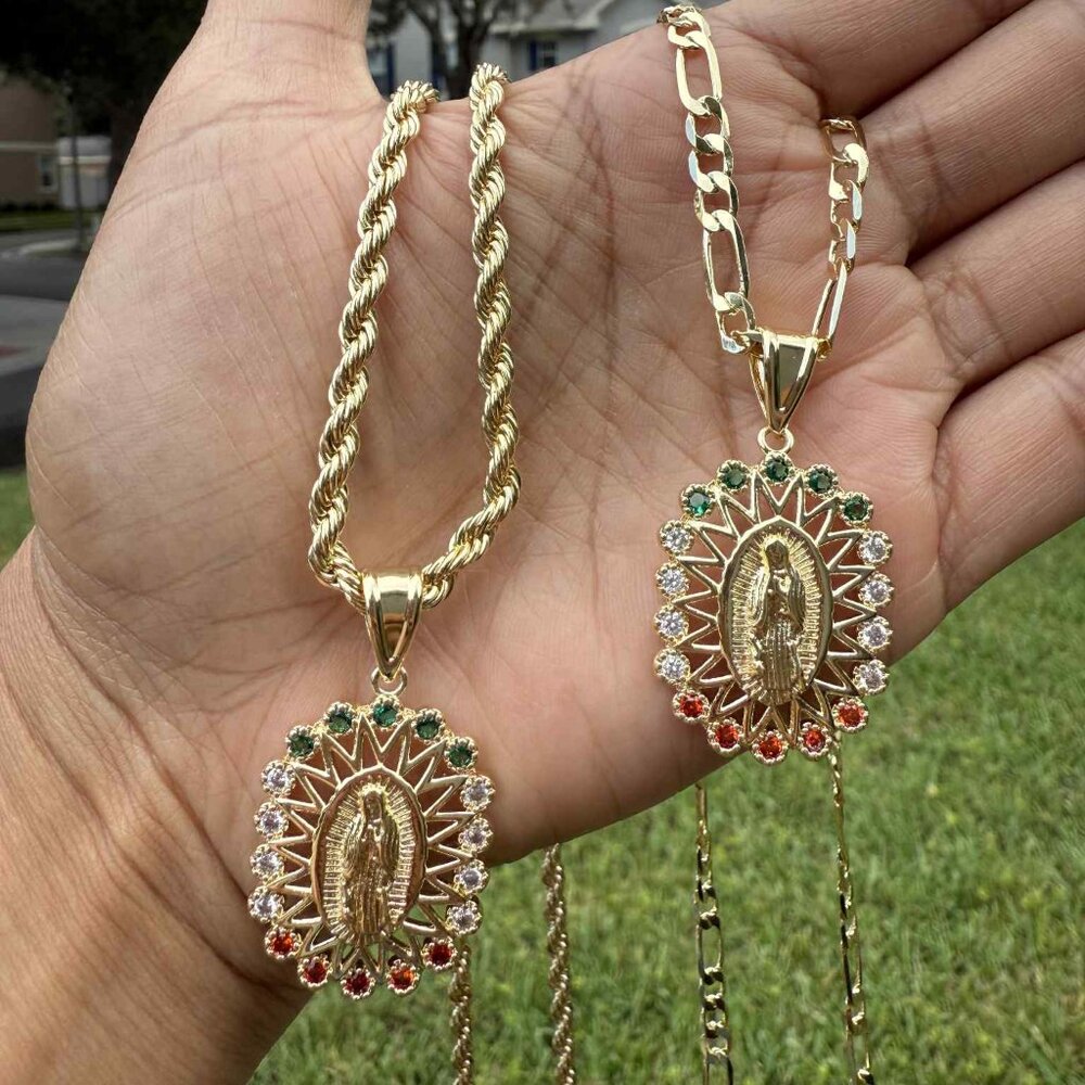 14K Virgen de Guadalupe Pendant Cubic Zirconia Figaro or Rope Chain 20"4mm